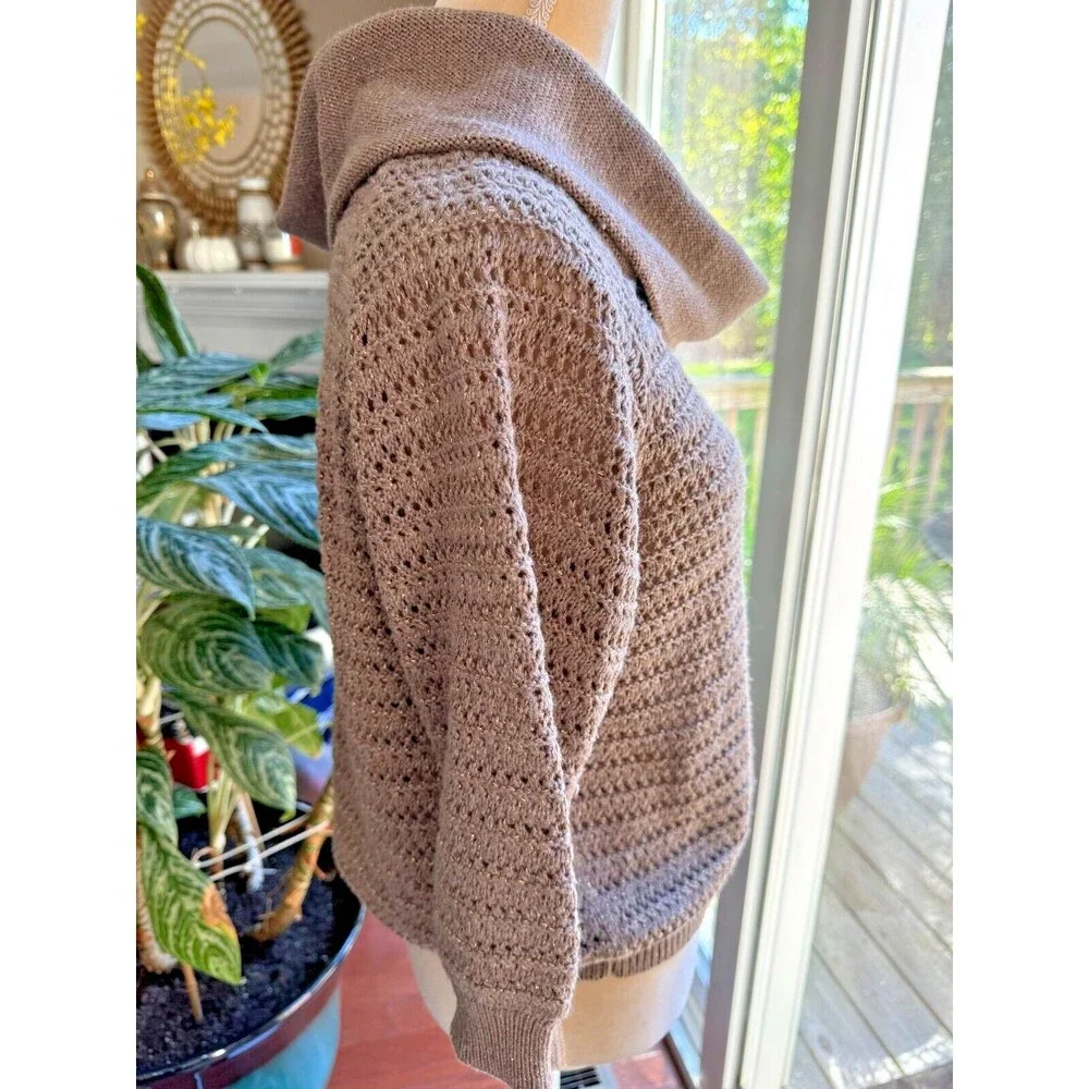 New York & Co Shimmery Cowl Sweater Sz L Open Knit Gold Thread Special Party - Picture 6 of 11